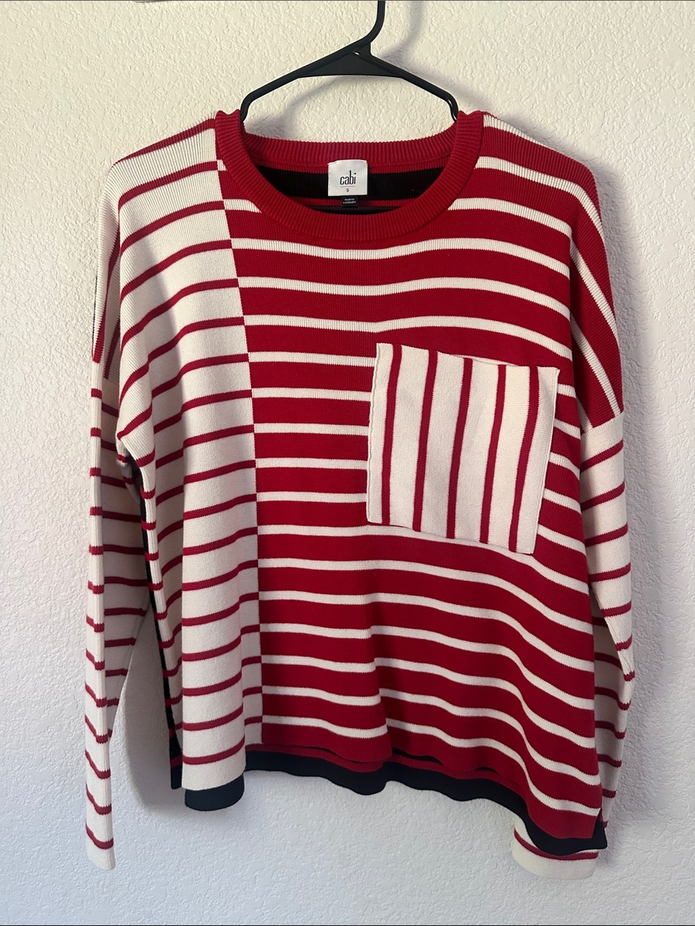CAbi Red and White Striped Pocket Knit Top